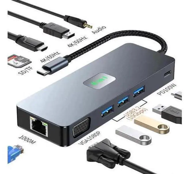 Main image of 11 in 1 Triple Monitor USB C Docking Station, Multiport Hub with DP, HDMI, VGA, Gigabit Ethernet, 100W PD Charging, 3×10Gbps USB3.2, SD TF Card Reader & 3.5mm Audio Jack for All USB-C Laptops