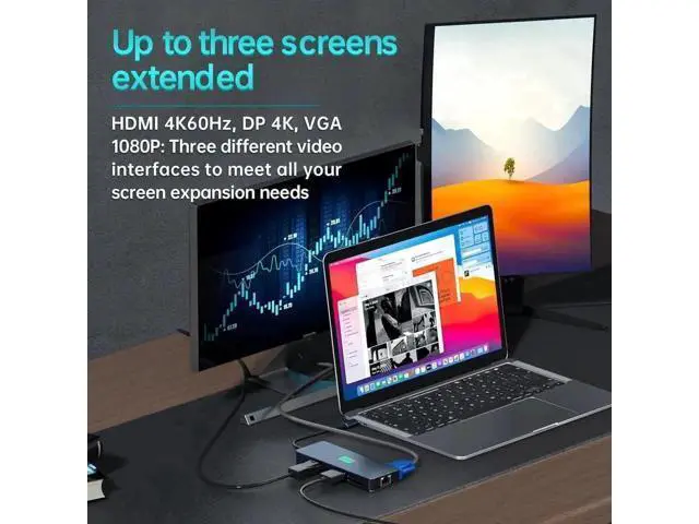Alt view image 4 of 7 - 11 in 1 Triple Monitor USB C Docking Station, Multiport Hub with DP, HDMI, VGA, Gigabit Ethernet, 100W PD Charging, 3×10Gbps USB3.2, SD TF Card Reader & 3.5mm Audio Jack for All USB-C Laptops