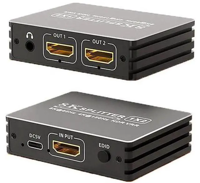 Main image of HDMI 2.1 1 in 2 Out Splitter 8K@60Hz 4K@120Hz 48Gbps Mirror Dual Monitor Splitter with 3.5mm Audio Extractor EDID HDCP2.3 Dolby Vision HDR10+ 3D for PS5 SkyQ Xbox NVIDIA AMD Switch