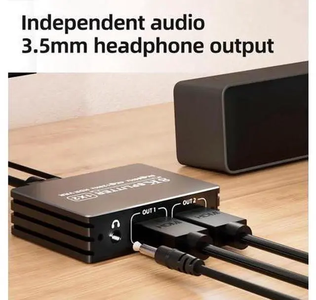 Alt view image 5 of 7 - HDMI 2.1 1 in 2 Out Splitter 8K@60Hz 4K@120Hz 48Gbps Mirror Dual Monitor Splitter with 3.5mm Audio Extractor EDID HDCP2.3 Dolby Vision HDR10+ 3D for PS5 SkyQ Xbox NVIDIA AMD Switch