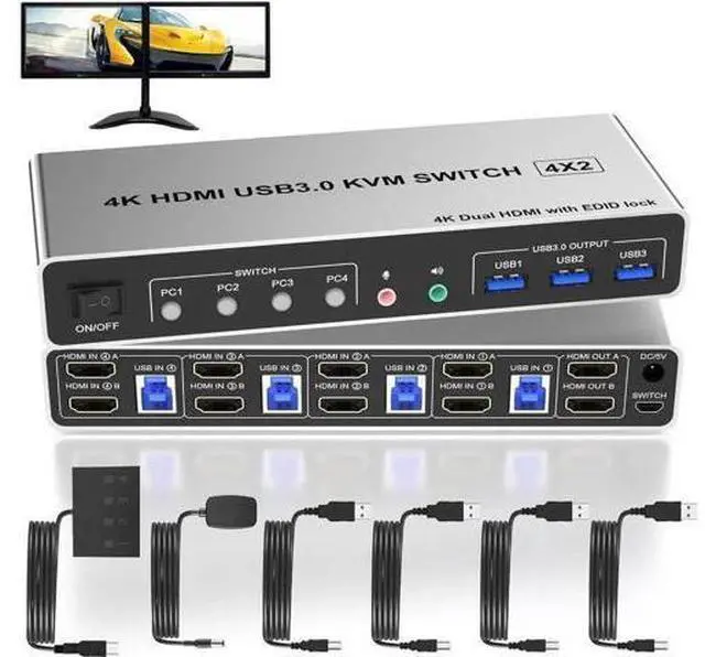 Main image of 4 In 2 Out Dual Monitor HDMI KVM Switch 4K@60Hz USB 3.0, EDID Emulator, Audio & Mic Jack, 3 USB 3.0 Ports for 4 PCs Share 2 Displays