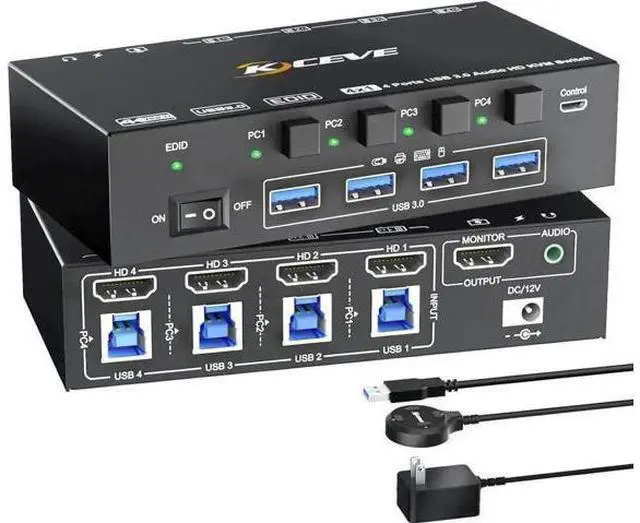 Main image of 4 Port HDMI USB3.0 KVM Switch, 8K@60Hz KVM Switcher with 3.5mm Audio & EDID Emulator for 4 PCs Share 1 Monitor Keyboard Mouse, Compatible with Windows Mac Linux