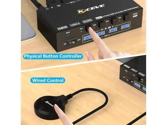 Alt view image 2 of 7 - 4 Port HDMI USB3.0 KVM Switch, 8K@60Hz KVM Switcher with 3.5mm Audio & EDID Emulator for 4 PCs Share 1 Monitor Keyboard Mouse, Compatible with Windows Mac Linux