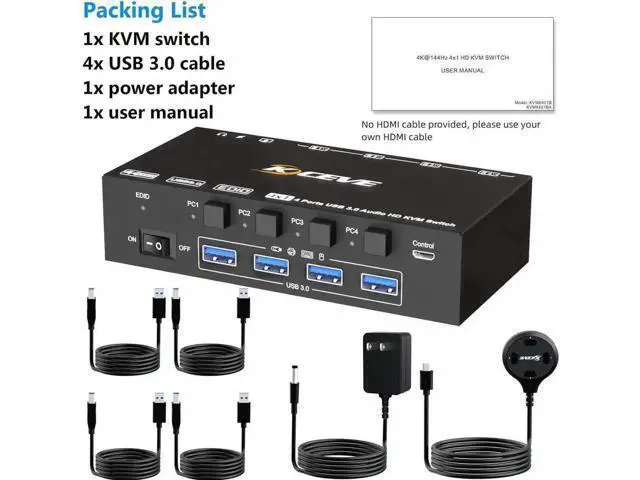 Alt view image 3 of 7 - 4 Port HDMI USB3.0 KVM Switch, 8K@60Hz KVM Switcher with 3.5mm Audio & EDID Emulator for 4 PCs Share 1 Monitor Keyboard Mouse, Compatible with Windows Mac Linux