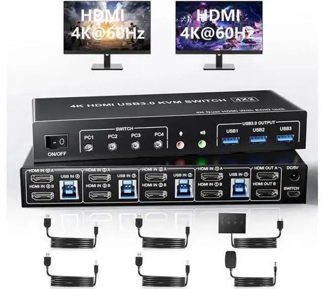 Main image of 4 In 2 Out Dual Monitor HDMI KVM Switch 4K@60Hz USB 3.0, Built-in EDID Emulator, 3 USB 3.0 Ports & Audio Mic Jack for 4 PCs Share Dual Displays
