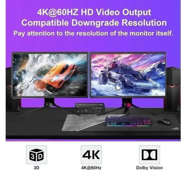 Alt view image 3 of 7 - 2 Port Dual HDMI USB 3.0 KVM Switch, 4K@60Hz KVM Switcher with Audio & Mic, 3 USB 3.0 Ports for 2 PCs Share 2 Monitors Keyboard Mouse, Support Extended Display