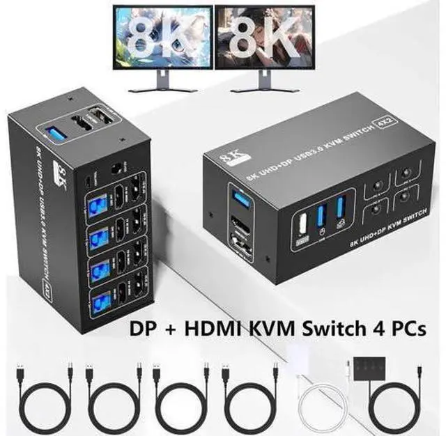 Main image of 4 Port Dual Monitor DP1.4 & HDMI2.1 Hybrid KVM Switch 8K@60Hz USB3.0 5Gbps, 4 USB Sharing Ports for 4 PCs Share 2 Displays