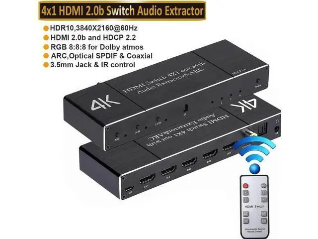 Main image of 4 in 1 Out HDMI 2.0 Switch with Audio Extractor & IR Remote, Model OZQ7, 4K@60Hz HDMI Selector Support Optical Toslink, Coaxial & 3.5mm AUX Audio, ARC, 3D, 1080P@120Hz HDCP2.2 for PS4, PC, DVD Player,
