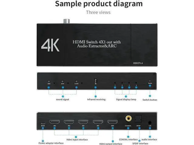 Alt view image 5 of 6 - 4 in 1 Out HDMI 2.0 Switch with Audio Extractor & IR Remote, Model OZQ7, 4K@60Hz HDMI Selector Support Optical Toslink, Coaxial & 3.5mm AUX Audio, ARC, 3D, 1080P@120Hz HDCP2.2 for PS4, PC, DVD Player,