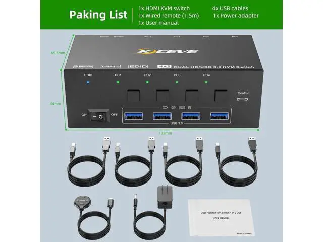 Alt view image 6 of 7 - 4-Port Dual HDMI KVM Switch 8K@60Hz 4K@144Hz, USB3.0 with EDID Emulator