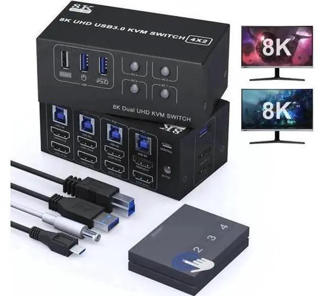 Main image of 4-Port Dual HDMI KVM Switch 4 In 2 Out, 8K@60Hz 4K@120Hz, 4 USB Ports