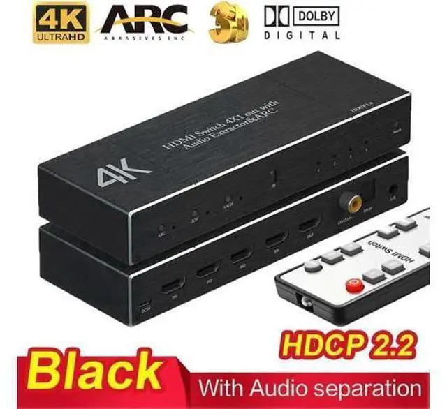 Main image of 4 in 1 Out 4K@60Hz HDMI Switch with Audio Extractor & IR Remote, 18Gbps HDMI 2.0b Audio Separator Box with Optical SPDIF, Coaxial & 3.5mm AUX Output, Supports HDR10, ARC, HDCP2.2