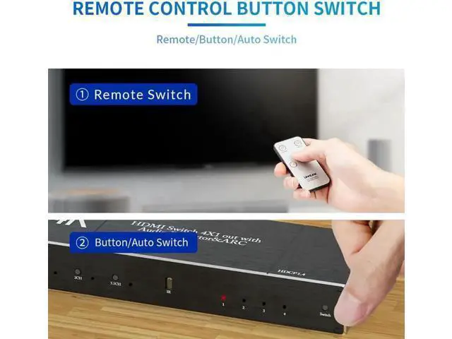 Alt view image 3 of 7 - 4 in 1 Out 4K@60Hz HDMI Switch with Audio Extractor & IR Remote, 18Gbps HDMI 2.0b Audio Separator Box with Optical SPDIF, Coaxial & 3.5mm AUX Output, Supports HDR10, ARC, HDCP2.2