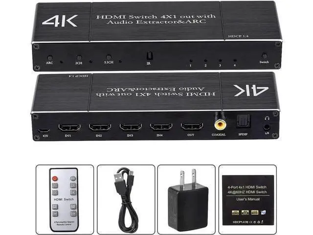 Alt view image 5 of 7 - 4 in 1 Out 4K@60Hz HDMI Switch with Audio Extractor & IR Remote, 18Gbps HDMI 2.0b Audio Separator Box with Optical SPDIF, Coaxial & 3.5mm AUX Output, Supports HDR10, ARC, HDCP2.2