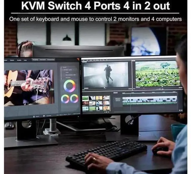 Alt view image 7 of 7 - 4-Port Dual HDMI KVM Switch 4 In 2 Out, 8K@60Hz 4K@120Hz, 4 USB Ports