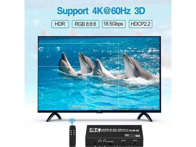 Alt view image 3 of 7 - 3x2 HDMI Matrix Switch 4K@60Hz HDR10, HDMI 2.0 Video Switcher with Dual SPDIF & Dual 3.5mm L/R Audio Extractor, HDCP 2.2 EDID IR Remote Control Model OZJ5