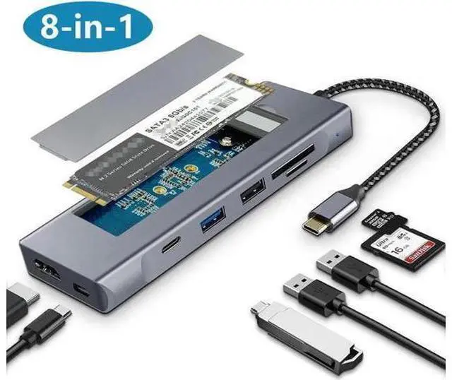 Main image of 8-in-1 USB C Hub Integrated M.2 NVMe & 2.5" SATA SSD Enclosure, Multiport Adapter with 4K HDMI, 10Gbps USB3.1, USB2.0, SD/TF Card Reader, 100W PD Charging for USB-C Laptops