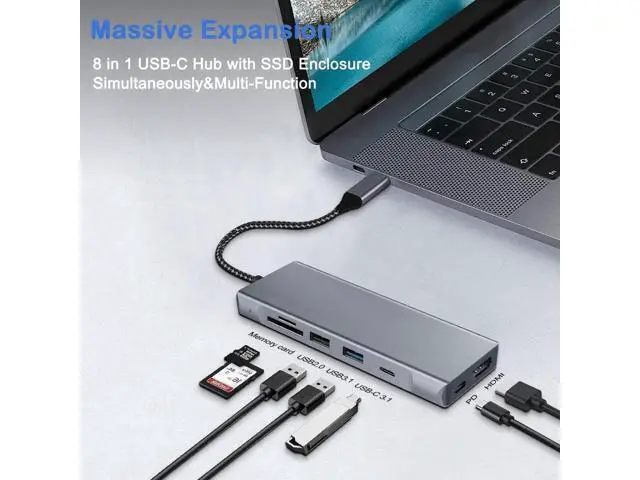 Alt view image 2 of 7 - 8-in-1 USB C Hub Integrated M.2 NVMe & 2.5" SATA SSD Enclosure, Multiport Adapter with 4K HDMI, 10Gbps USB3.1, USB2.0, SD/TF Card Reader, 100W PD Charging for USB-C Laptops
