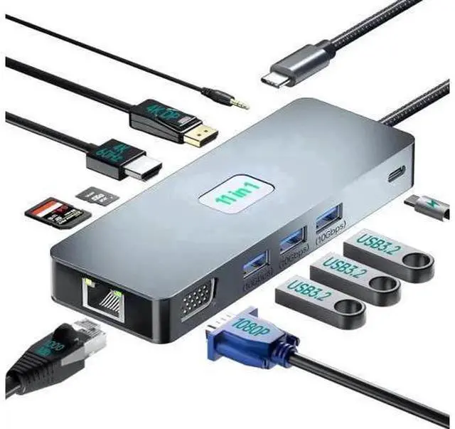 Main image of 11 in 1 USB C Docking Station Triple Display, Multiport Adapter with 4K@60Hz HDMI, DP, VGA, 100W PD, Gigabit Ethernet, SD/TF Card Reader, 3×USB3.2, Audio Jack for MacBook Dell HP Lenovo Laptops