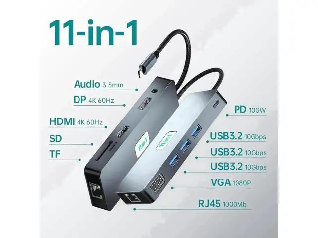 Alt view image 2 of 7 - 11 in 1 USB C Docking Station Triple Display, Multiport Adapter with 4K@60Hz HDMI, DP, VGA, 100W PD, Gigabit Ethernet, SD/TF Card Reader, 3×USB3.2, Audio Jack for MacBook Dell HP Lenovo Laptops