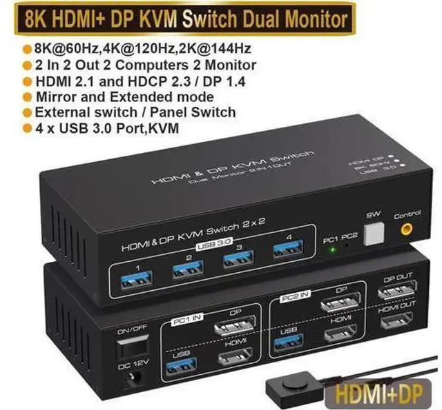 Alt view image 5 of 7 - 2x2 Dual Monitor DP+HDMI KVM Switch 8K@60Hz 4K@120Hz, USB 3.0 KVM Switcher with 4 USB 3.0 Ports, Mirror & Extended Display Modes for 2 PCs Share 2 Displays