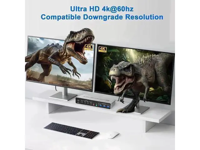 Alt view image 5 of 7 - 4 Port Dual HDMI KVM Switch 4 In 2 Out, USB3.0 4K@60Hz Dual Monitor KVM Switcher with EDID Emulation, Audio Mic & 3 USB 3.0 Ports for 4 PCs Share Two Displays