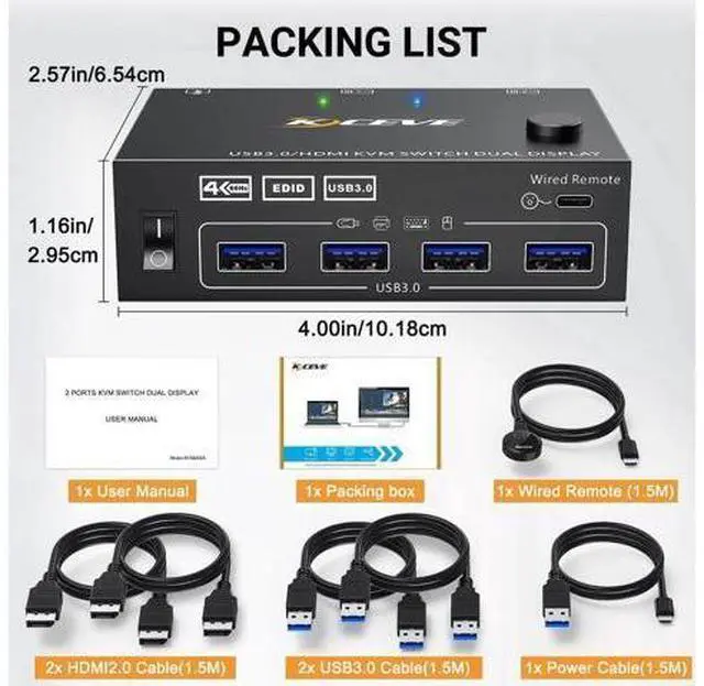 Alt view image 2 of 7 - 2 Port Dual Monitor HDMI USB 3.0 KVM Switch, 4K@60Hz KVM Switcher for 2 PCs Share 2 Displays, Support Mirror & Extended Display with EDID Emulation Function