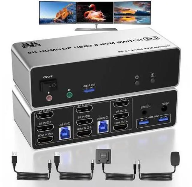 Main image of 2 PCs 3 Monitors KVM Switch, 8K@60Hz HDMI + Dual DP, 3 USB3.0 Ports with Audio & Mic