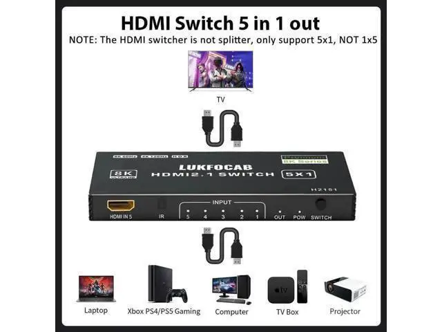 Alt view image 2 of 7 - 5 in 1 Out HDMI 2.1 8K Switch with IR Remote, 48Gbps High Speed 5-Port HDMI Switcher Selector Box Support 8K@60Hz 4K@120Hz, HDR10+, HDCP2.3 & 3D for PS5/PS4/PS3, Xbox Series X, Nintendo Switch, Laptop