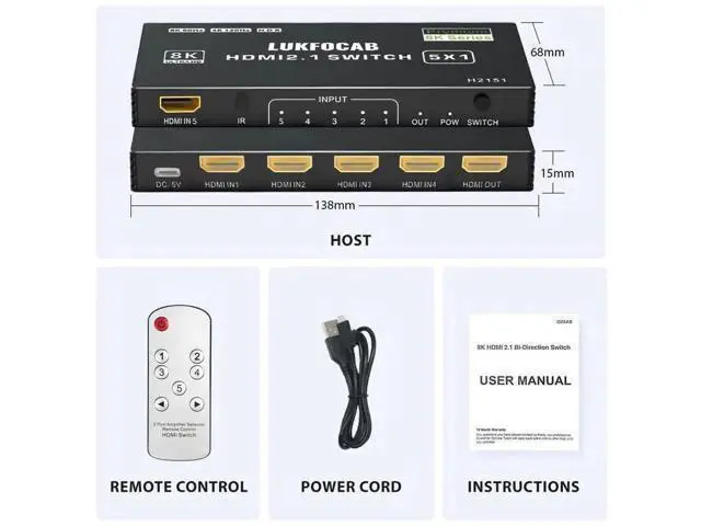 Alt view image 5 of 7 - 5 in 1 Out HDMI 2.1 8K Switch with IR Remote, 48Gbps High Speed 5-Port HDMI Switcher Selector Box Support 8K@60Hz 4K@120Hz, HDR10+, HDCP2.3 & 3D for PS5/PS4/PS3, Xbox Series X, Nintendo Switch, Laptop