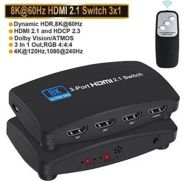 Main image of 3 in 1 Out HDMI 2.1 Switch 8K@60Hz 4K@120Hz with IR Remote, 3-Port 48Gbps HDMI Selector, Support HDCP 2.3, VRR, HDR, Dolby Vision, Compatible with QLED TV, PS5, Xbox, Fire Stick, Roku, Blu-Ray Player,