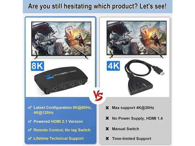 Alt view image 2 of 7 - 3 in 1 Out HDMI 2.1 Switch 8K@60Hz 4K@120Hz with IR Remote, 3-Port 48Gbps HDMI Selector, Support HDCP 2.3, VRR, HDR, Dolby Vision, Compatible with QLED TV, PS5, Xbox, Fire Stick, Roku, Blu-Ray Player,