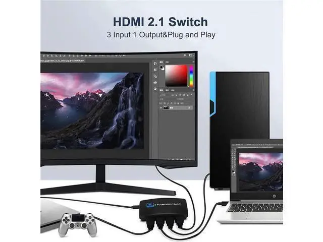 Alt view image 4 of 7 - 3 in 1 Out HDMI 2.1 Switch 8K@60Hz 4K@120Hz with IR Remote, 3-Port 48Gbps HDMI Selector, Support HDCP 2.3, VRR, HDR, Dolby Vision, Compatible with QLED TV, PS5, Xbox, Fire Stick, Roku, Blu-Ray Player,
