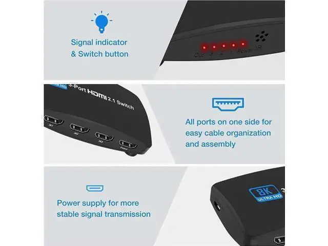 Alt view image 6 of 7 - 3 in 1 Out HDMI 2.1 Switch 8K@60Hz 4K@120Hz with IR Remote, 3-Port 48Gbps HDMI Selector, Support HDCP 2.3, VRR, HDR, Dolby Vision, Compatible with QLED TV, PS5, Xbox, Fire Stick, Roku, Blu-Ray Player,