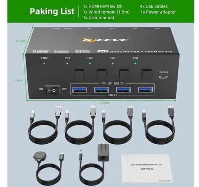 Alt view image 2 of 7 - 4 Port 2x2 Dual Monitor HDMI KVM Switch 8K@60Hz 4K@144Hz, USB 3.0 KVM Switch Box with EDID Emulator for 4 PCs Share Dual Monitors Keyboard Mouse, Stable Chip & Wide Compatibility