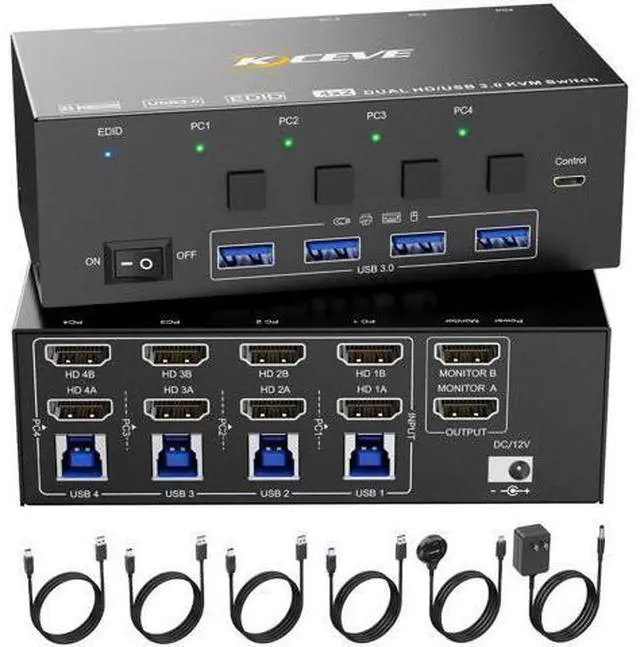 Main image of 4 Port 2x2 Dual Monitor HDMI KVM Switch 8K@60Hz 4K@144Hz, USB 3.0 KVM Switch Box with EDID Emulator for 4 PCs Share Dual Monitors Keyboard Mouse, Stable Chip & Wide Compatibility