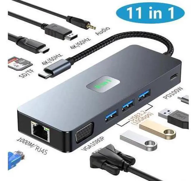 Main image of 11-in-1 USB-C Docking Station Triple Display Multiport Hub, 4K HDMI + VGA + DP, 3×10Gbps USB3.2, Gigabit Ethernet, 100W PD Charging, SD/TF Card Reader for USB-C Laptops