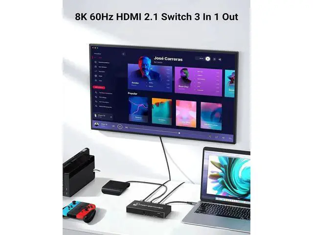 Alt view image 7 of 7 - 3 in 1 Out HDMI 2.1 Switch with IR Remote Control, 48Gbps High Speed HDMI Switcher Supports 8K@60Hz, 4K@120Hz, HDR, HDCP 2.3 for Nintendo Switch, PS4/PS5, Xbox 360/Xbox One, Fire TV Stick, PC, UHD TV