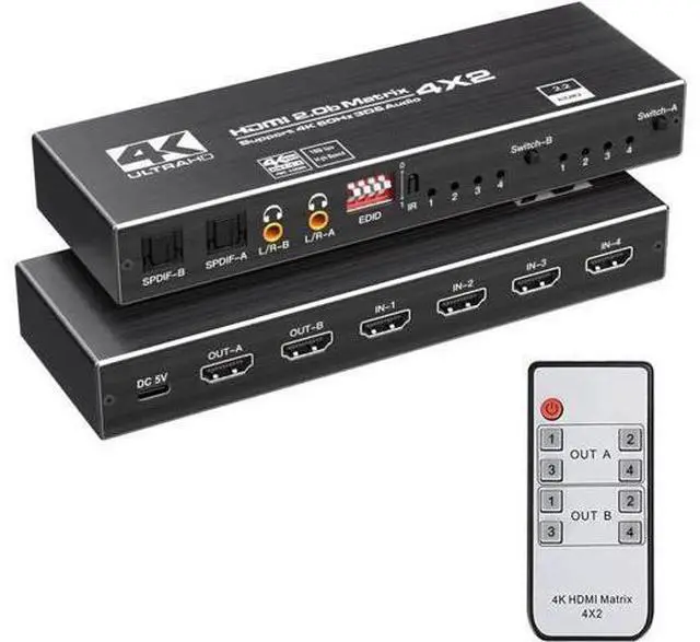 Main image of 4X2 HDMI 2.0 Matrix Switch with IR Remote, Model OZJ1-1, 4 In 2 Out 4K@60Hz Matrix Switcher with Audio Extractor, Dual SPDIF + Dual 3.5mm L/R Audio, Support EDID, HDCP2.2, HDR10 for 4K TV, Monitor, Ga
