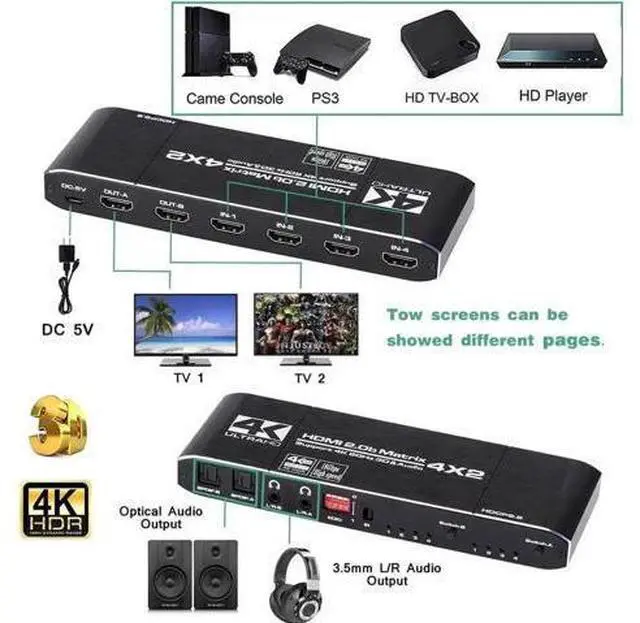 Alt view image 4 of 7 - 4X2 HDMI 2.0 Matrix Switch with IR Remote, Model OZJ1-1, 4 In 2 Out 4K@60Hz Matrix Switcher with Audio Extractor, Dual SPDIF + Dual 3.5mm L/R Audio, Support EDID, HDCP2.2, HDR10 for 4K TV, Monitor, Ga