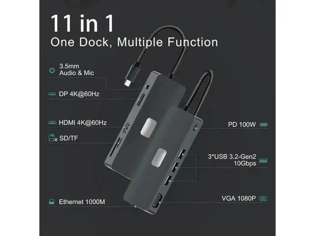 Alt view image 6 of 7 - 11-in-1 USB-C Docking Station Triple Display Multiport Hub, 4K HDMI + VGA + DP, 3×10Gbps USB3.2, Gigabit Ethernet, 100W PD Charging, SD/TF Card Reader for USB-C Laptops