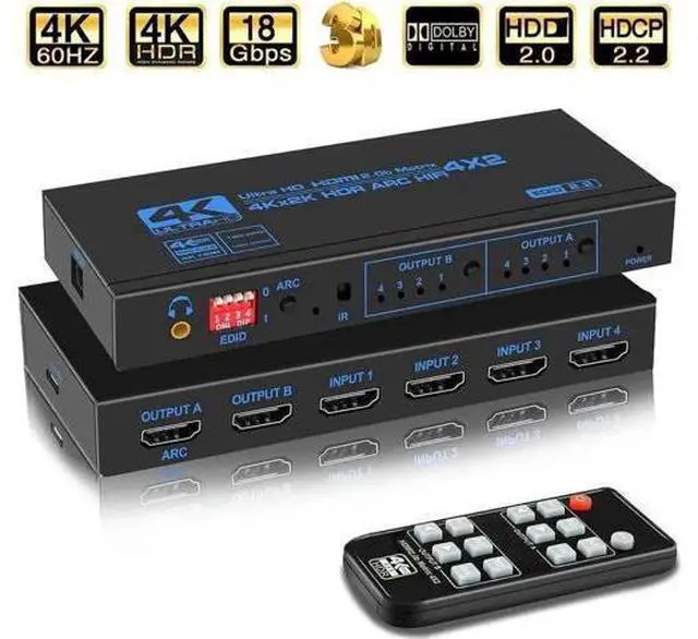 Main image of 4 In 2 Out HDMI 2.0 Matrix Switch Model OZJ2-1 with IR Remote, ARC & SPDIF Audio Extractor EDID Management 4K HD Video Splitter
