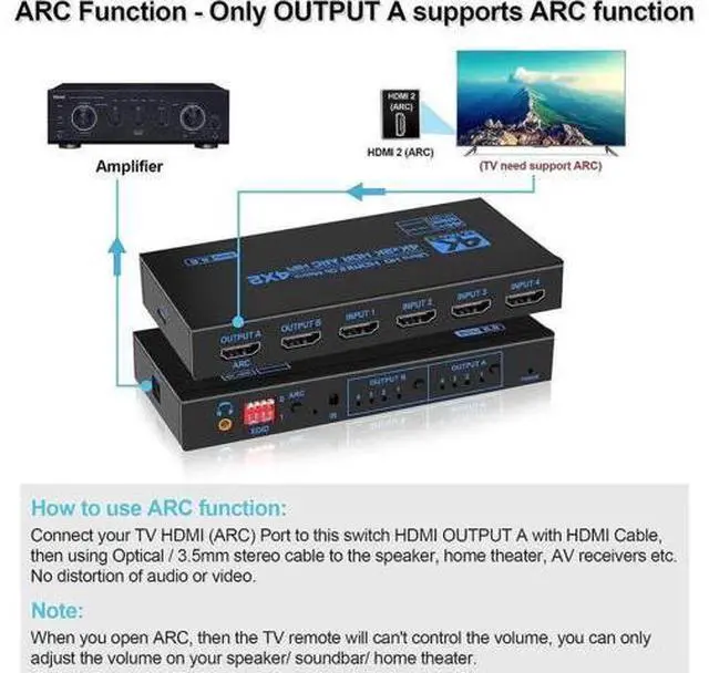 Alt view image 2 of 7 - 4 In 2 Out HDMI 2.0 Matrix Switch Model OZJ2-1 with IR Remote, ARC & SPDIF Audio Extractor EDID Management 4K HD Video Splitter