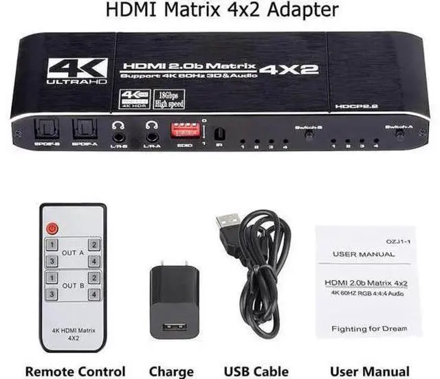 Alt view image 7 of 7 - 4X2 HDMI 2.0 Matrix Switch with IR Remote, Model OZJ1-1, 4 In 2 Out 4K@60Hz Matrix Switcher with Audio Extractor, Dual SPDIF + Dual 3.5mm L/R Audio, Support EDID, HDCP2.2, HDR10 for 4K TV, Monitor, Ga