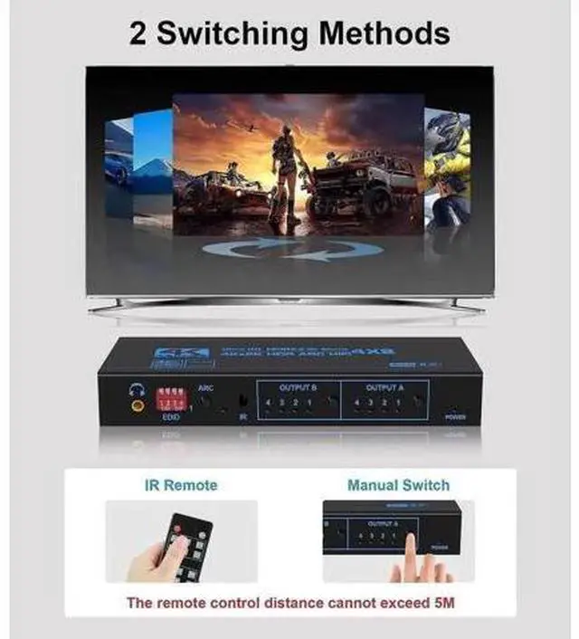 Alt view image 3 of 7 - 4 In 2 Out HDMI 2.0 Matrix Switch Model OZJ2-1 with IR Remote, ARC & SPDIF Audio Extractor EDID Management 4K HD Video Splitter