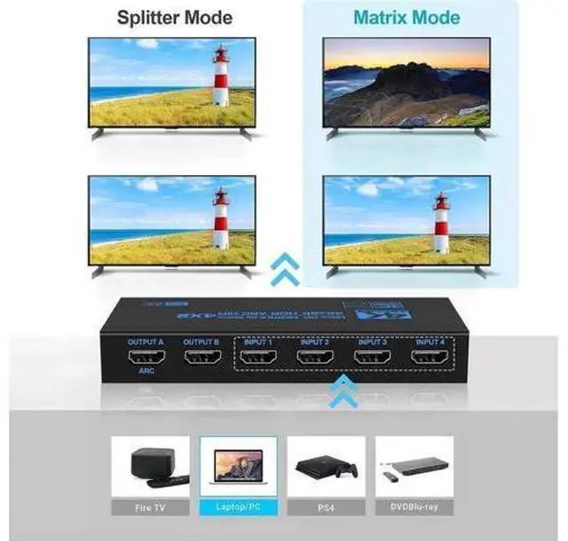 Alt view image 5 of 7 - 4 In 2 Out HDMI 2.0 Matrix Switch Model OZJ2-1 with IR Remote, ARC & SPDIF Audio Extractor EDID Management 4K HD Video Splitter