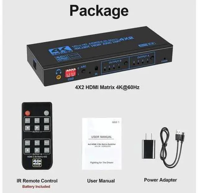 Alt view image 7 of 7 - 4 In 2 Out HDMI 2.0 Matrix Switch Model OZJ2-1 with IR Remote, ARC & SPDIF Audio Extractor EDID Management 4K HD Video Splitter