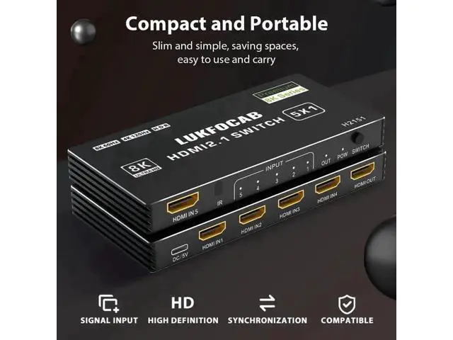 Alt view image 7 of 7 - 5 in 1 Out HDMI 2.1 8K Switch with IR Remote, 48Gbps High Speed 5-Port HDMI Switcher Selector Box Support 8K@60Hz 4K@120Hz, HDR10+, HDCP2.3 & 3D for PS5/PS4/PS3, Xbox Series X, Nintendo Switch, Laptop