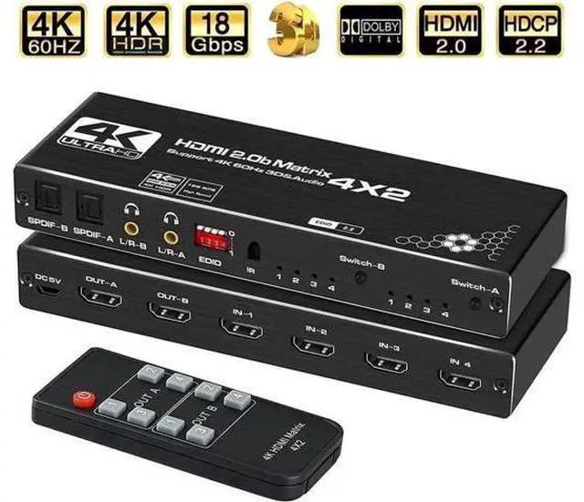 Main image of 4x2 HDMI Matrix Switch 4 in 2 Out with IR Remote, HDMI 2.0b Matrix Splitter Box 4K@60Hz HDR, Dual SPDIF & Dual 3.5mm L/R Audio Output, Support EDID, HDCP 2.2, 3D, 1080P for HDTV Monitor Projector