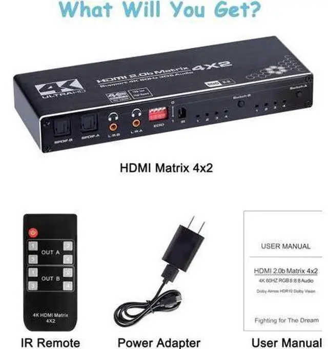 Alt view image 2 of 7 - 4x2 HDMI Matrix Switch 4 in 2 Out with IR Remote, HDMI 2.0b Matrix Splitter Box 4K@60Hz HDR, Dual SPDIF & Dual 3.5mm L/R Audio Output, Support EDID, HDCP 2.2, 3D, 1080P for HDTV Monitor Projector